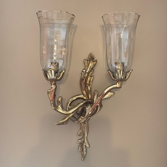 Large Vintage Brass French Louis XV Style Candlestick Wall Scones with glass - Picture 2 of 11